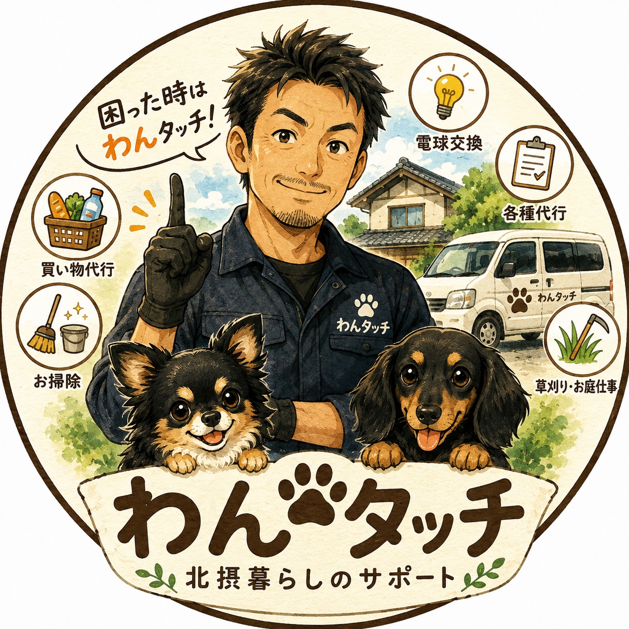 わんタッチのサービスと公式わんこキャラクターを描いた企業イメージ